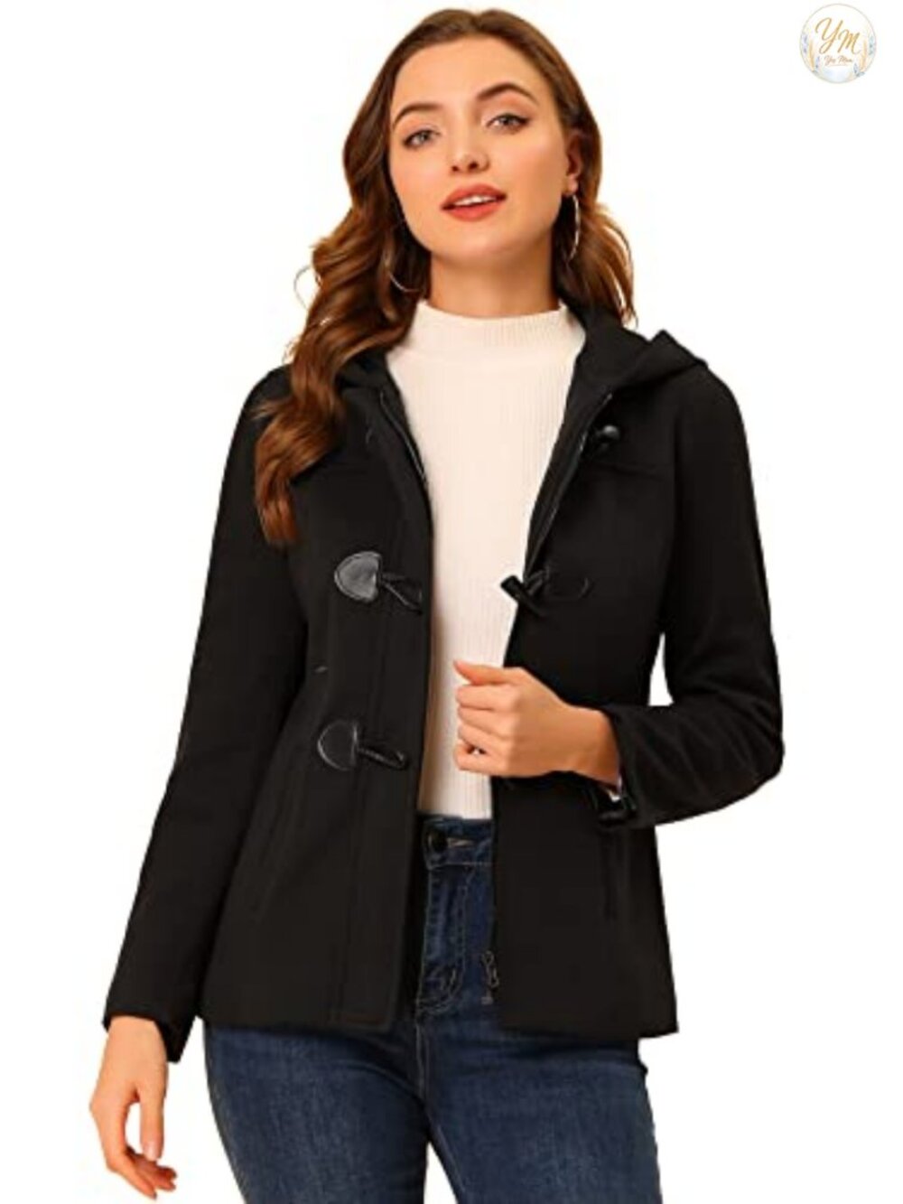 Womens Casual Winter Peacoat Hooded Toggle Duffle Coat Zip Up Long Sleeve
